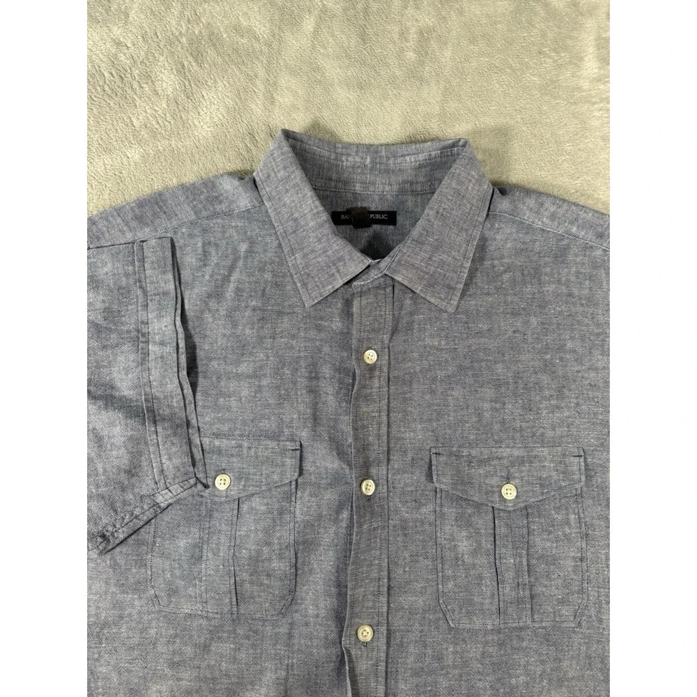 Banana Republic Shirt Men's XL Blue Linen Blend Short Sleeve Button Up